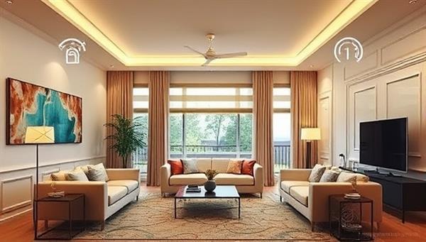 An elegant living room with integrated smart home devices like voice-controlled lighting, a smart thermostat, and automated window shades, illustrating the convenience and modernity of smart living spaces.