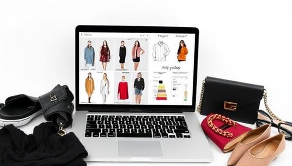 A virtual style consultation setup with a laptop displaying fashion mood boards, clothing sketches, color swatches, and style guides, surrounded by trendy accessories and clothing items, showcasing a stylish and professional approach to personal styling.