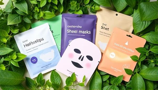 A visually appealing image featuring a selection of customizable sheet masks in different shapes and colors, surrounded by lush greenery and eco-friendly packaging, portraying a blend of nature, customization, and sustainability.