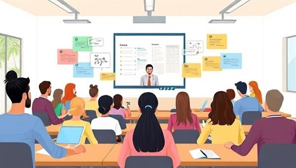 An illustration of a virtual classroom setting with diverse avatars interacting with virtual tutors in different languages, creating a vibrant and dynamic learning environment.