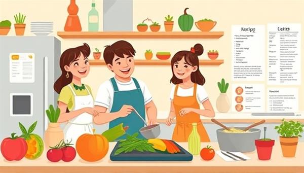 An interactive digital illustration featuring a happy family cooking together in a vibrant kitchen, surrounded by fresh ingredients, recipe cards, and nutritional charts, promoting the joy of healthy eating and shared culinary experiences within the household.