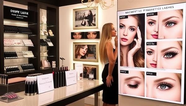 A chic beauty boutique showcasing a variety of magnetic lash styles and eyeliner pens, a makeup artist demonstrating the easy application process on a customer, and a display of before-and-after photos highlighting the transformative effects of magnetic lashes, creating a glamorous and modern beauty experience.