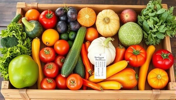 A colorful array of fresh fruits and vegetables neatly arranged in a rustic wooden crate, with a tagline "Farm Fresh Delivered to Your Door," evoking a sense of freshness and convenience.