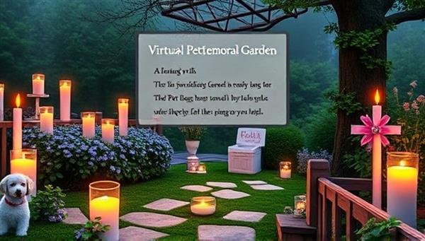 A serene virtual pet memorial garden with digital candles, heartfelt messages, and photos of beloved pets, offering a peaceful and comforting online space for pet owners to commemorate and cherish the memories of their furry companions.