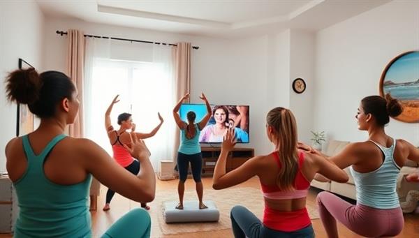 A vibrant and dynamic virtual fitness class scene with a diverse group of individuals exercising in their living rooms, following a coach on a screen, showcasing inclusivity and convenience.