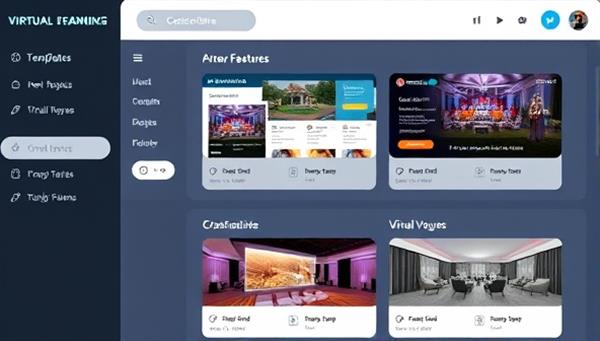 A virtual event planning dashboard displaying customizable event templates, interactive features, and virtual venue options, showcasing the flexibility and creativity of the personalized virtual event service.