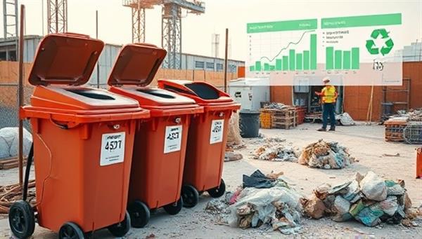 A construction site equipped with smart waste bins wired with sensors, a digital dashboard displaying real-time waste levels and recycling statistics, and workers efficiently sorting materials for recycling, showcasing a tech-savvy and eco-conscious approach to waste management.