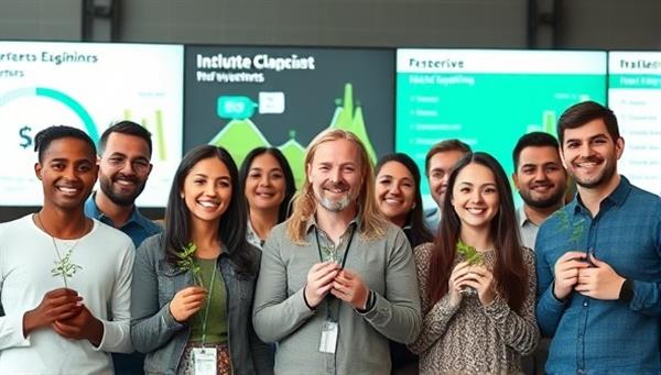An engaging visual of diverse individuals from different backgrounds and ages, each holding a small plant symbolizing growth and sustainability, with digital screens showcasing investment options in the background.