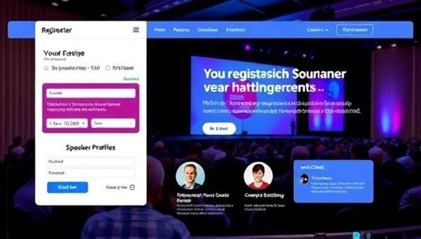 An interactive virtual event website mockup featuring a registration page, agenda section, speaker profiles, and a live chat feature, capturing the essence of a dynamic and engaging online event experience.