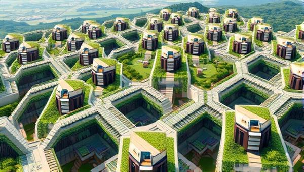 A futuristic cityscape featuring modular buildings made of sustainable materials, interconnected by green spaces and renewable energy sources, illustrating a harmonious blend of technology and nature.