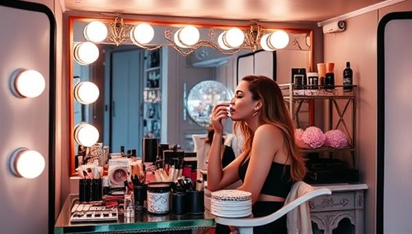 A chic and stylish mobile beauty bar setup with a professional makeup artist applying makeup to a client, surrounded by a mirror, beauty products, and elegant decor, creating a glamorous and festive atmosphere.