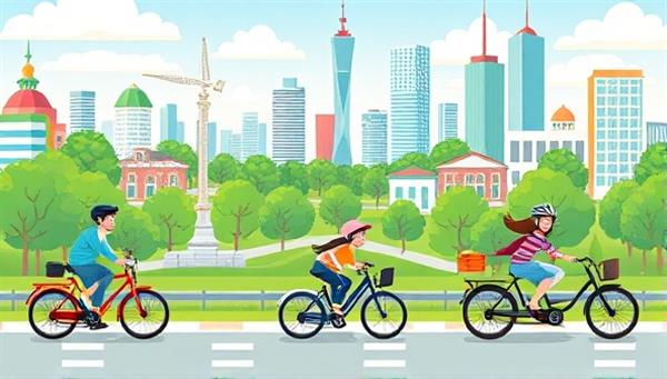 A vibrant cityscape illustration showcasing electric bicycles and e-scooters zipping through green urban landscapes, with happy customers enjoying the convenience and sustainability of EcoMove Solutions.