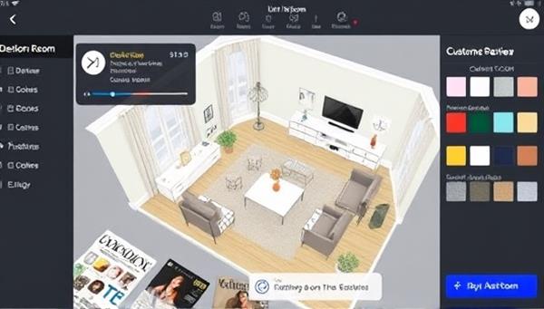 A virtual room visualization tool displaying a 3D model of a living room with customized furniture, decor elements, and color schemes, providing a realistic preview of an interior design concept, surrounded by design magazines and swatches for inspiration.