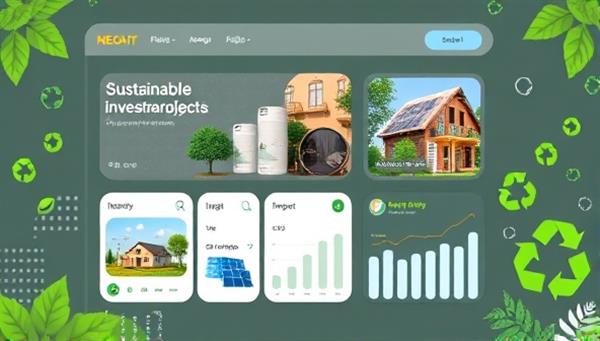 An online platform interface showcasing various sustainable investment projects, green energy initiatives, and impact metrics, surrounded by eco-friendly visuals like trees, solar panels, and recycling symbols, conveying a message of sustainability and growth.