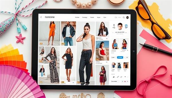 An artistic collage of fashion mood boards, stylish outfits, and virtual styling tools displayed on a digital tablet, surrounded by vibrant color swatches and fashion accessories, representing creativity and personalized style inspiration.