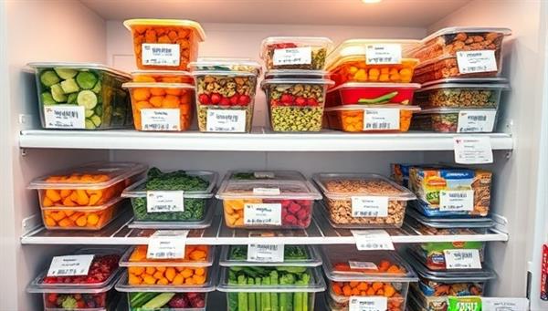 An image of a neatly organized refrigerator filled with colorful pre-packaged meals labeled with customers
