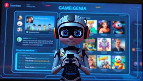An AI-powered virtual assistant character on a digital screen, analyzing gaming data and recommending personalized game titles to a user, illustrating the smart and intuitive game recommendation process of GameGenie AI.