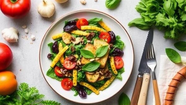 A vibrant image featuring a beautifully plated plant-based meal from GreenPlates Palate, surrounded by fresh ingredients and culinary tools, creating an inviting and appetizing scene that highlights the delicious and nutritious aspect of the meal kit service.
