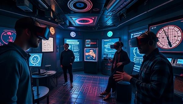An immersive visualization of a VR escape room scenario with players wearing VR headsets, interacting with virtual puzzles and clues, surrounded by futuristic and mysterious digital environments, capturing the essence of the VR Escape Room Experience.