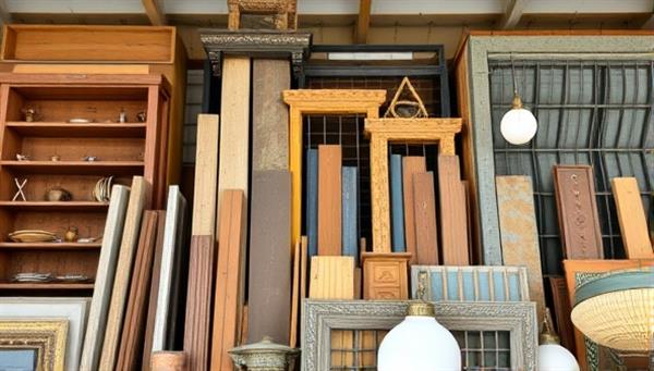 An assortment of salvaged construction materials like reclaimed wood, metal beams, and vintage fixtures displayed in a creative and organized manner, showcasing the potential for reuse and repurposing through the online recycling marketplace.