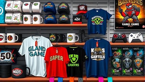 An array of colorful gaming merchandise items neatly displayed on a virtual store shelf, including gaming-themed t-shirts, mugs, keychains, and posters, appealing to gaming enthusiasts and collectors.