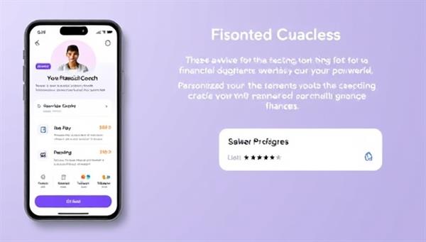 An app interface showing a virtual financial coach providing advice to a user, with interactive budgeting tools, personalized recommendations, and a progress tracker, creating a sense of guidance and empowerment in managing finances.