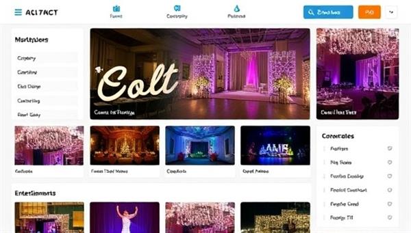 An engaging digital marketplace interface displaying various event planning categories with vibrant images of venues, decor, and entertainment options, showcasing the platform