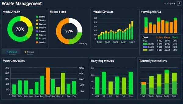 A dynamic data dashboard displaying construction waste management analytics, including waste diversion rates, recycling metrics, and sustainability benchmarks, visualizing the power of data-driven decision-making in waste reduction.