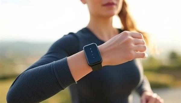 An active individual wearing the VitaTrack Wear device on their wrist, jogging outdoors with a scenic view in the background, showcasing the sleek design and functionality of the health monitoring wearable in action.