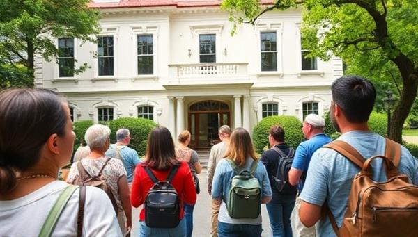 A group of tourists exploring a beautifully restored historic property, guided by a knowledgeable tour leader who shares captivating stories about the architecture, history, and preservation efforts behind the landmark, capturing the essence of the Heritage Explorers experience.