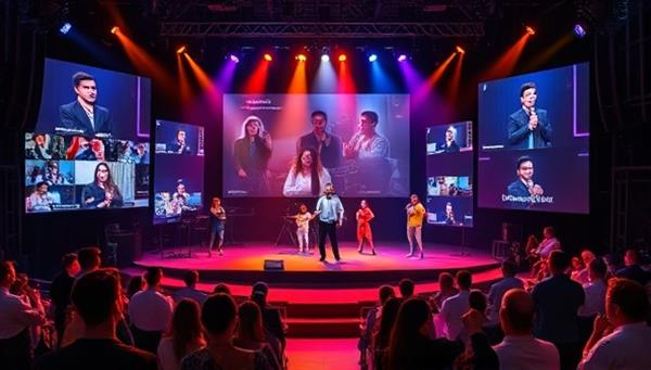 A vibrant digital stage setting with diverse performers showcasing their talents through videos and live streams, surrounded by virtual audience interactions and engagement, capturing the essence of creativity and talent on the TalentSpotlight Hub platform.