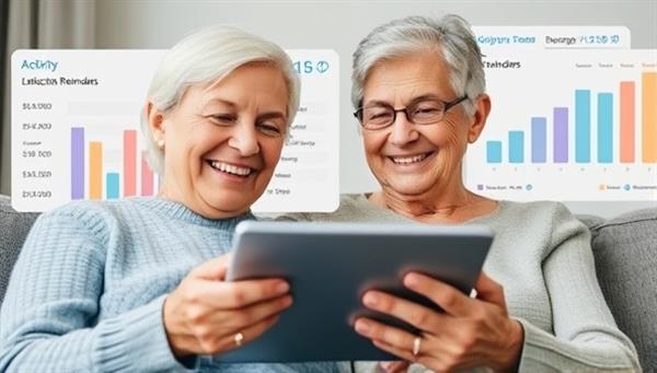 An image of a smiling elderly individual interacting with a caregiver through a tablet screen, with medication reminders and activity tracking charts in the background, illustrating the compassionate and efficient care provided by ElderGuardian