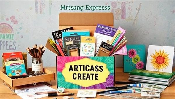 An artistic representation of a diverse array of art supplies and crafting materials spilling out of a vibrant subscription box, surrounded by completed art projects and creative works, symbolizing the inspiration and possibilities within each Artisan Express Crate.