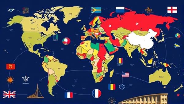 An interactive digital map showcasing diverse cultural icons, flags, and landmarks from around the world, symbolizing global connectivity and cross-cultural exchange within a virtual space.