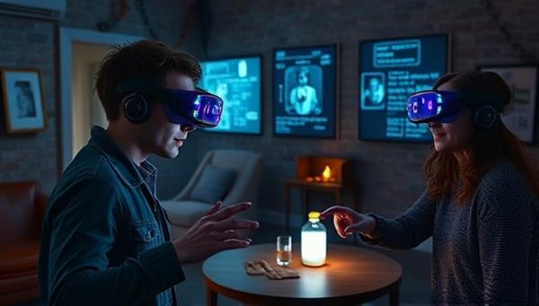 An engaging AR escape room setting with players wearing AR glasses, interacting with digital clues projected onto physical objects in a mysterious room, creating an atmosphere of excitement and mystery.