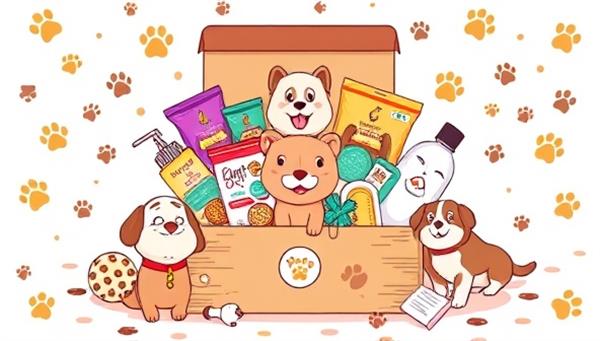 An adorable pet-themed subscription box overflowing with treats, toys, grooming products, and a personalized pet tag, surrounded by paw prints and happy pet illustrations, evoking joy and pampering for furry friends.
