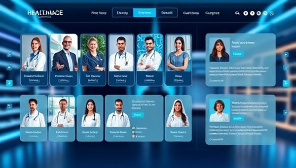 A futuristic digital healthcare marketplace interface displaying diverse medical services, provider profiles, and patient testimonials, symbolizing a centralized and accessible platform for virtual healthcare solutions and expert medical consultations.