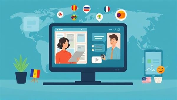 An illustration of a virtual language coaching session with an interactive language learning platform and cultural symbols, showcasing the global connectivity and communication enhancement provided by language coaching services.