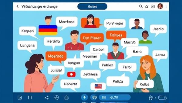 An interactive online interface showing users from different countries engaging in a virtual language exchange, with speech bubbles in various languages, creating a vibrant and diverse learning environment.