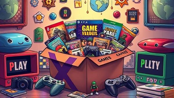 An artistic rendering of a vibrant and colorful subscription box overflowing with gaming merchandise, including figurines, game codes, and apparel, surrounded by gaming-themed decorations, conveying the excitement and variety of the contents.