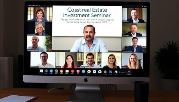 A computer screen displaying a virtual real estate investment seminar with a diverse group of participants engaging with the speaker, creating an interactive and informative online learning environment.