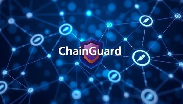 A futuristic illustration of interconnected blockchain nodes representing secure transactions and smart contracts, with the ChainGuard logo prominently displayed at the center, symbolizing the cutting-edge technology and transparency of parametric insurance.