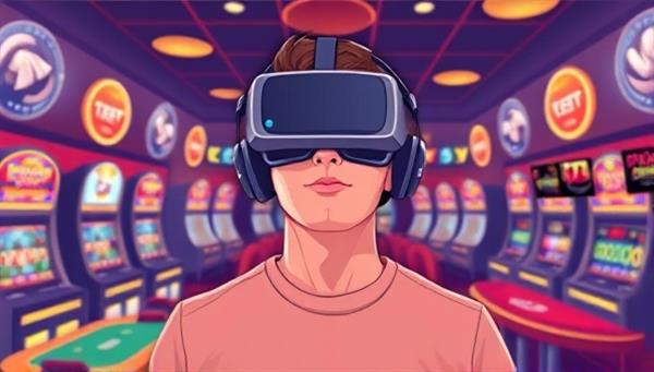 An illustration of a player wearing a VR headset, surrounded by a virtual casino environment with digital versions of slot machines, card tables, and other casino elements, showcasing the immersive experience of VR gambling.