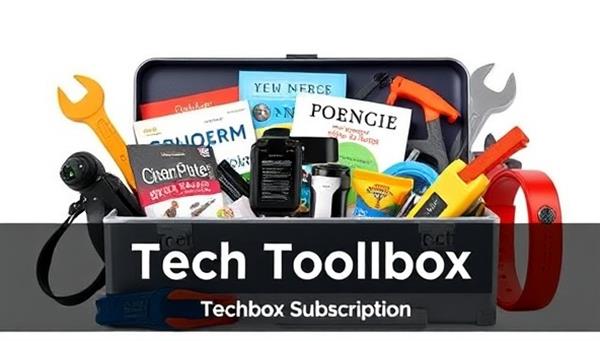 An image of a sleek, modern toolbox filled with digital gadgets, coding books, and tech accessories, symbolizing a diverse range of resources and tools offered in the Tech Toolbox Subscription.