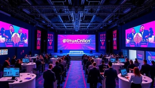 An immersive digital event space featuring a virtual conference setup with a stage, audience avatars, interactive booths, and live streaming capabilities, showcasing the versatility and engagement potential of virtual events, creating a futuristic and dynamic event experience.