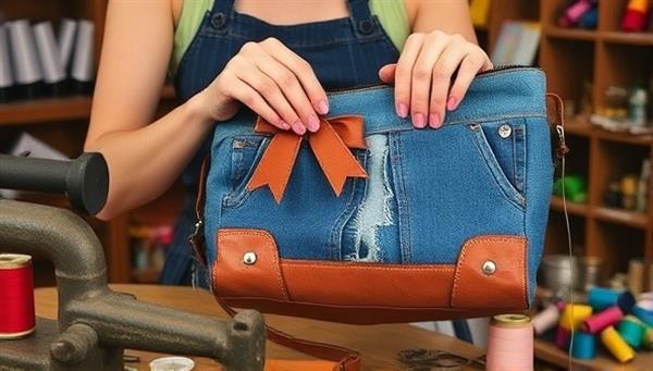 An artisan crafting a stylish handbag from upcycled denim and leather scraps, surrounded by vintage sewing tools and colorful spools of thread, capturing the essence of creativity and sustainability in fashion design.