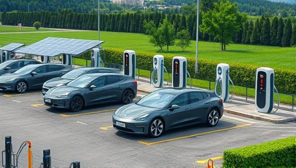An array of sleek electric vehicles parked at charging stations with futuristic design elements and renewable energy sources like solar panels, set against a backdrop of a green landscape, illustrating the sustainable and efficient nature of the charging network.