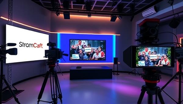 A sleek and modern studio setup with professional streaming equipment, graphic overlays displaying client branding, and interactive features for audience participation, illustrating the customization and engagement possibilities of live streaming events at StreamCraft Studios.