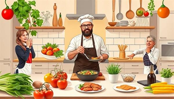 A vibrant and appetizing visual representation of a virtual cooking class setting with a chef demonstrating a recipe, surrounded by fresh ingredients, cooking utensils, and enthusiastic participants following along from their kitchens, evoking a sense of culinary creativity and community.