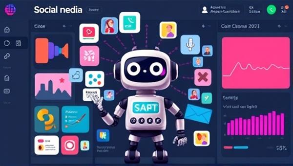 An AI-powered robot character brainstorming creative social media post ideas on a digital interface, surrounded by colorful content blocks and engagement metrics, symbolizing the tool
